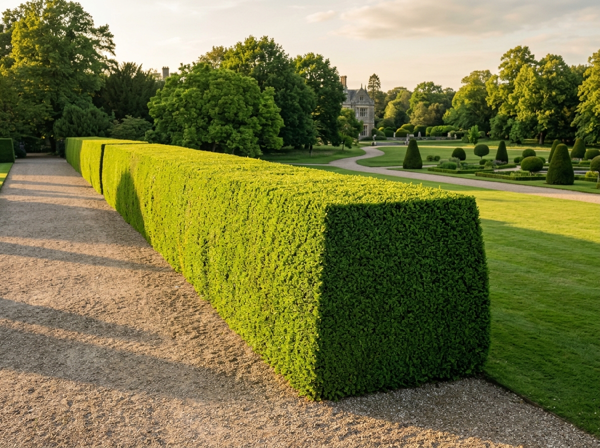 Fachgerechter Formschnitt an einer ausgedehnten Buchsbaumhecke im Parkbereich.